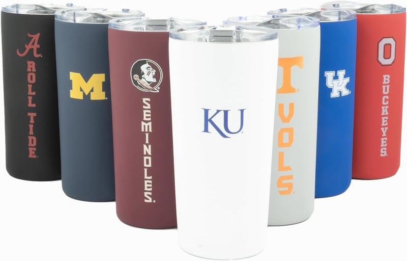 Decorvo Officially Licensed Collegiate Stainless Steel Tumbler - Double Walled Insulated Travel Tumbler with Slide Lid - 18 oz (Kansas Logo - White) - Image 1